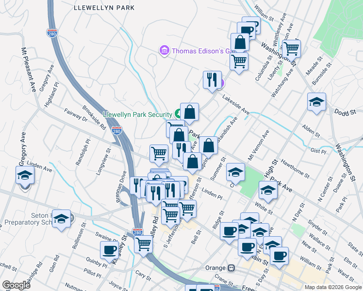 map of restaurants, bars, coffee shops, grocery stores, and more near 2 Llewellyn Place in West Orange