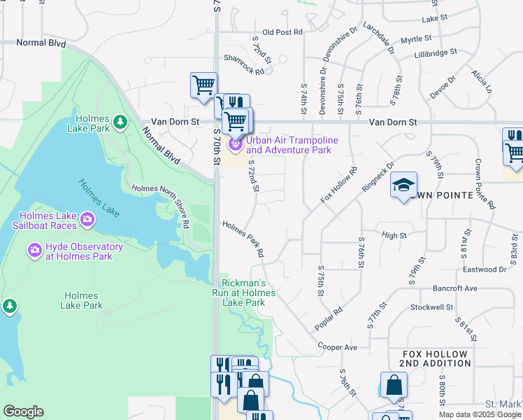 map of restaurants, bars, coffee shops, grocery stores, and more near 3190 South 72nd Street in Lincoln