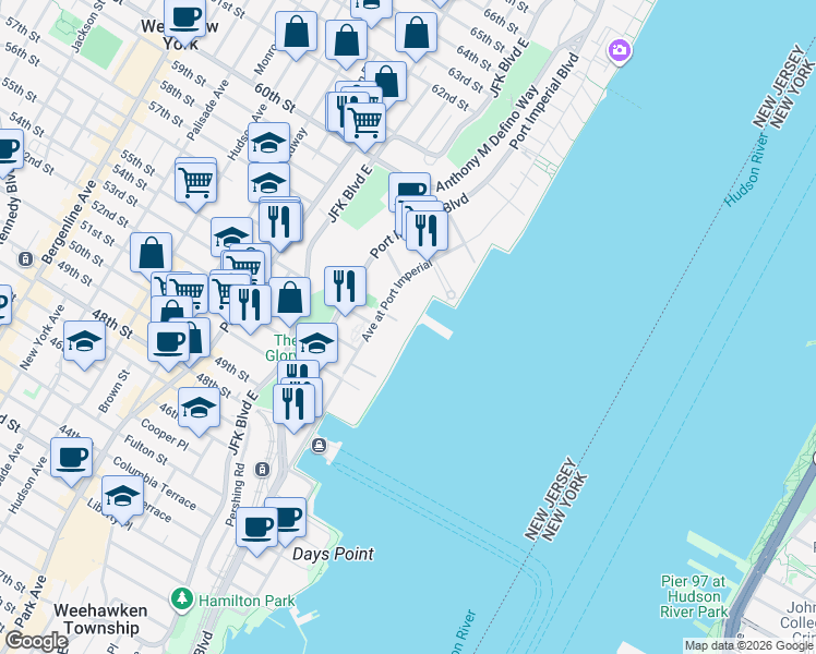 map of restaurants, bars, coffee shops, grocery stores, and more near 24 Avenue at Port Imperial in West New York