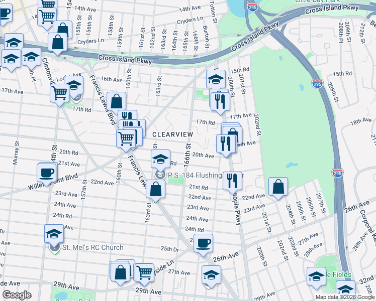 map of restaurants, bars, coffee shops, grocery stores, and more near 17-93 166th Street in Queens