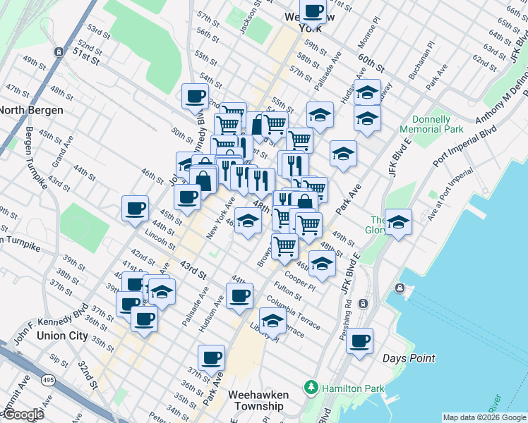 map of restaurants, bars, coffee shops, grocery stores, and more near 218 48th Street in Union City