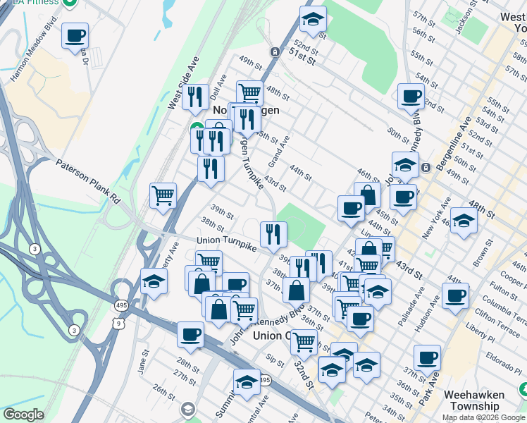 map of restaurants, bars, coffee shops, grocery stores, and more near 4008 Gehr Place in North Bergen