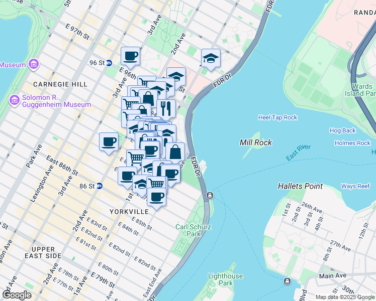 map of restaurants, bars, coffee shops, grocery stores, and more near 2010 York Avenue in New York