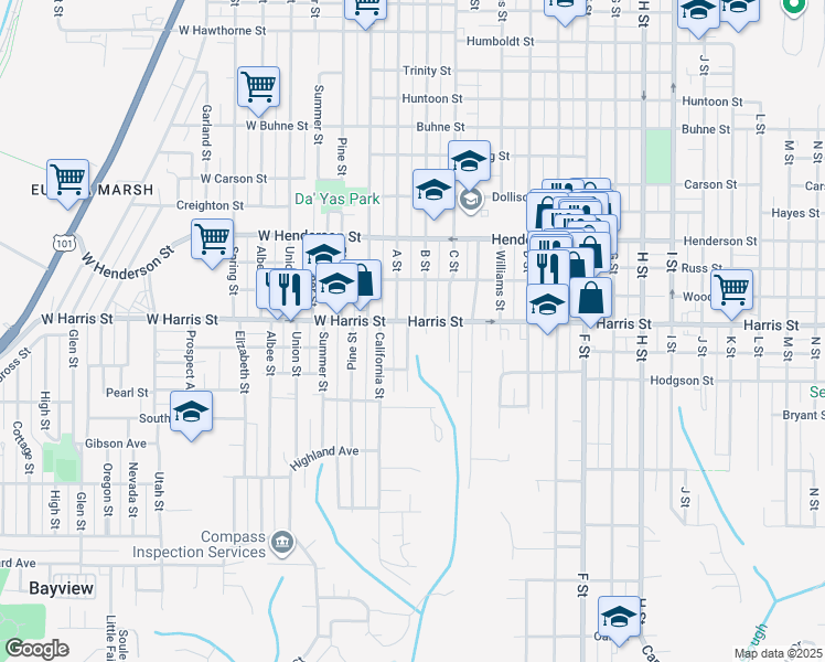 map of restaurants, bars, coffee shops, grocery stores, and more near 3113 Ingley Street in Eureka