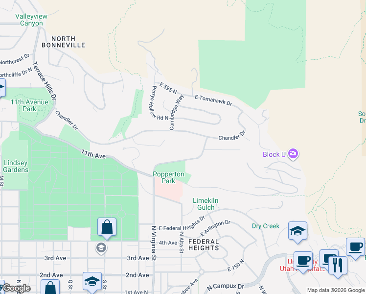 map of restaurants, bars, coffee shops, grocery stores, and more near 1360 Chandler Drive in Salt Lake City