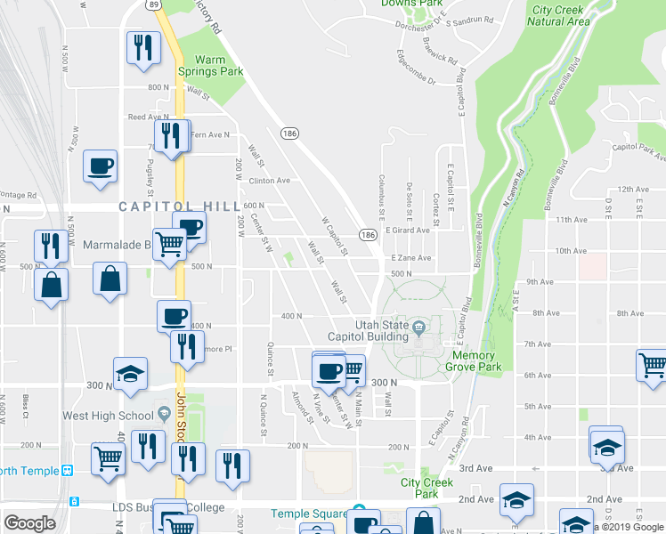 map of restaurants, bars, coffee shops, grocery stores, and more near 78 West Zane Avenue in Salt Lake City