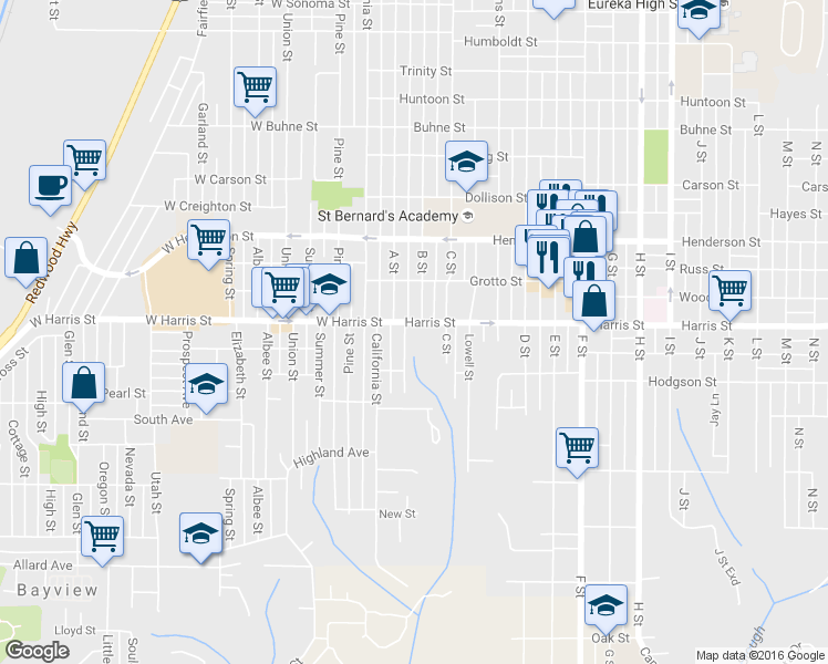 map of restaurants, bars, coffee shops, grocery stores, and more near 35 Harris Street in Eureka