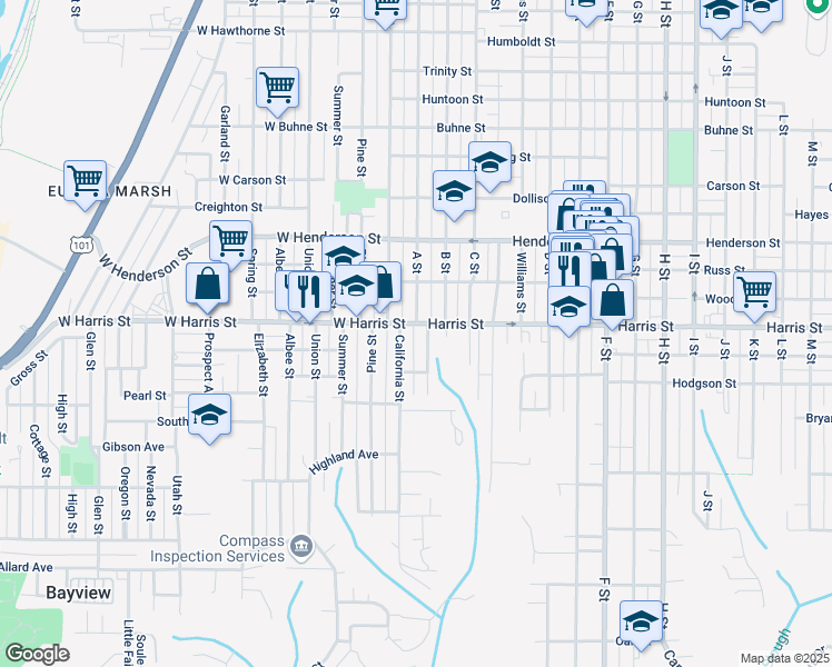 map of restaurants, bars, coffee shops, grocery stores, and more near 2969 California Street in Eureka