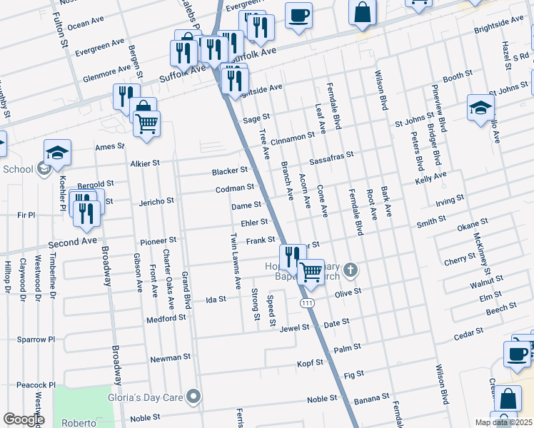 map of restaurants, bars, coffee shops, grocery stores, and more near 12 Dame Street in Brentwood