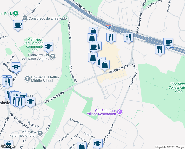 map of restaurants, bars, coffee shops, grocery stores, and more near 2-48 Newtown Road in Plainview