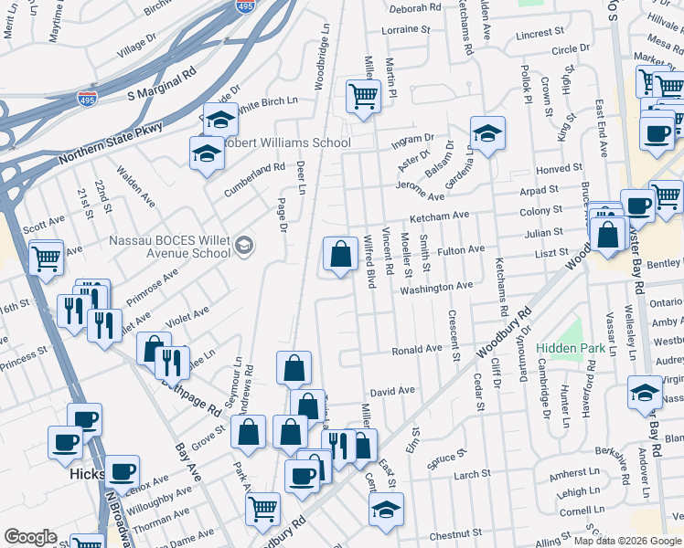 map of restaurants, bars, coffee shops, grocery stores, and more near 114 Miller Road in Hicksville