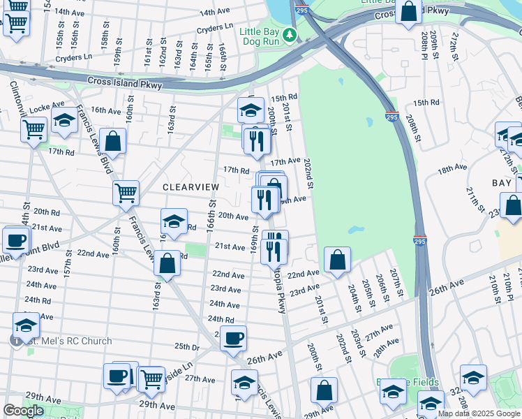 map of restaurants, bars, coffee shops, grocery stores, and more near 20-7A Utopia Parkway in Queens