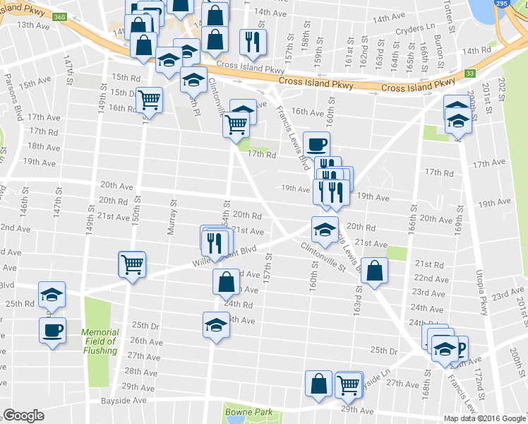 map of restaurants, bars, coffee shops, grocery stores, and more near 154-57 20th Road in Queens