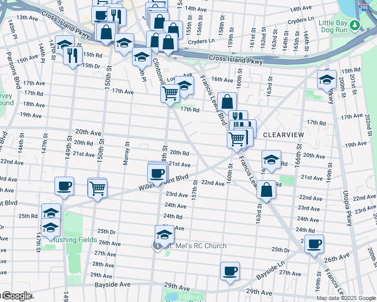 map of restaurants, bars, coffee shops, grocery stores, and more near 154-32 20th Avenue in Queens