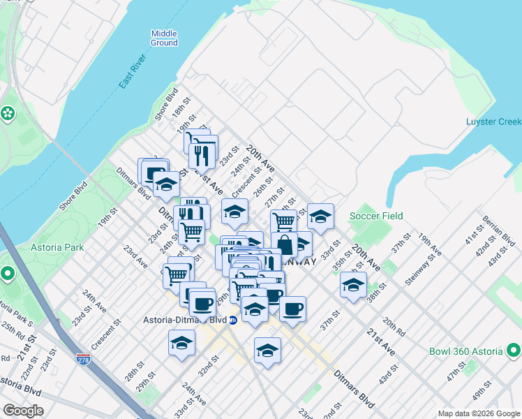 map of restaurants, bars, coffee shops, grocery stores, and more near 20-68 26th Street in Queens