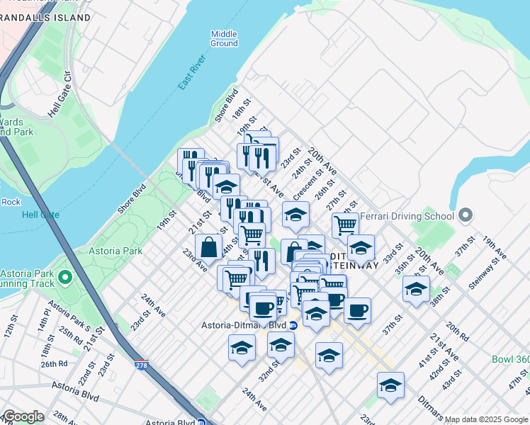 map of restaurants, bars, coffee shops, grocery stores, and more near 21-36 24th Street in Queens