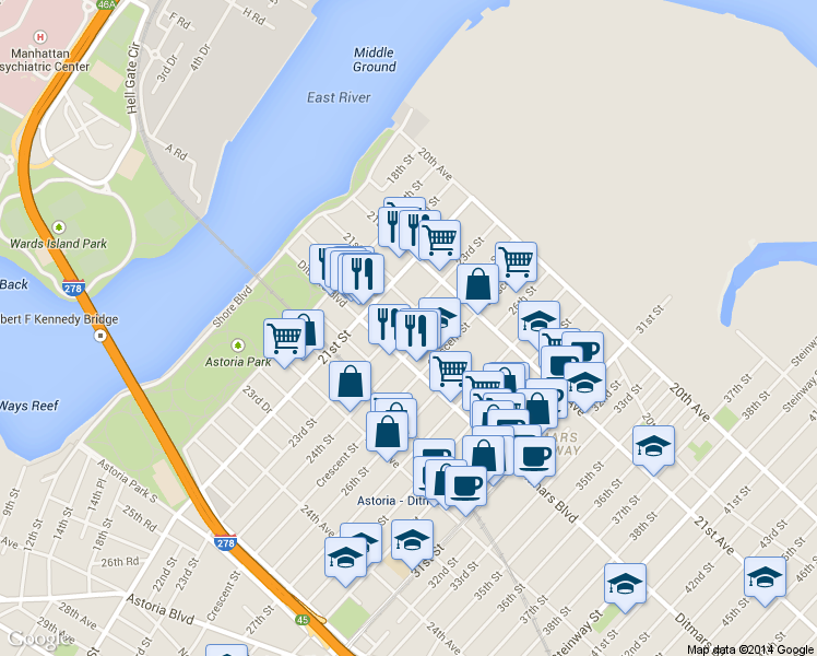 map of restaurants, bars, coffee shops, grocery stores, and more near 21-16 21st Road in Queens