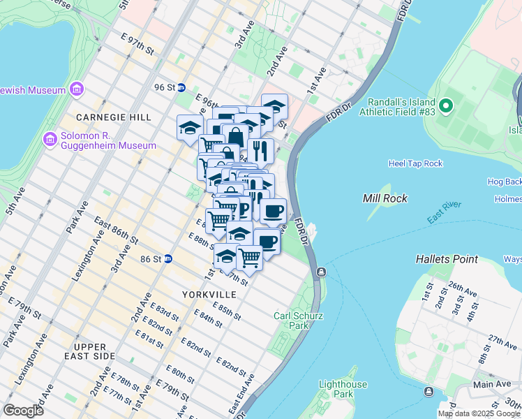 map of restaurants, bars, coffee shops, grocery stores, and more near 405 East 92nd Street in New York