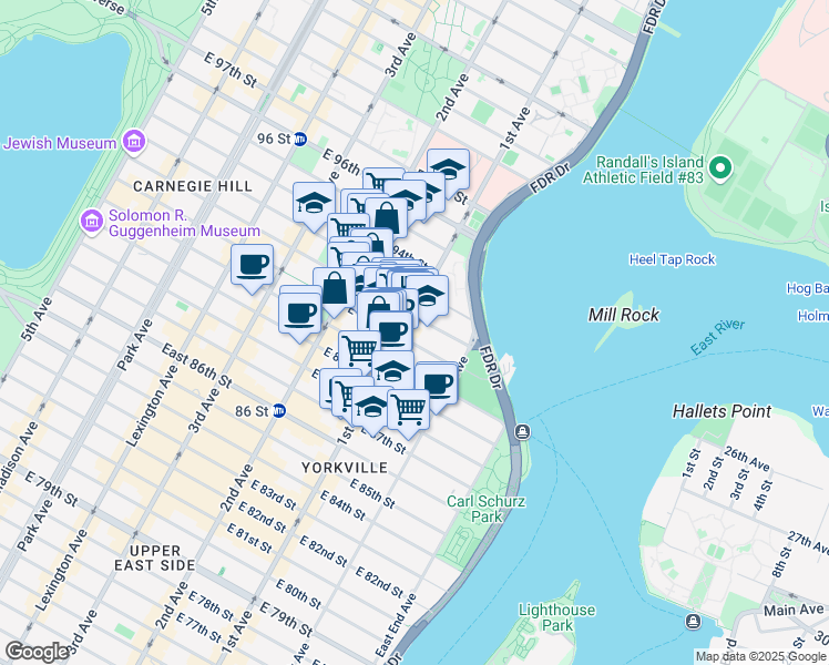 map of restaurants, bars, coffee shops, grocery stores, and more near 1745 1st Avenue in New York