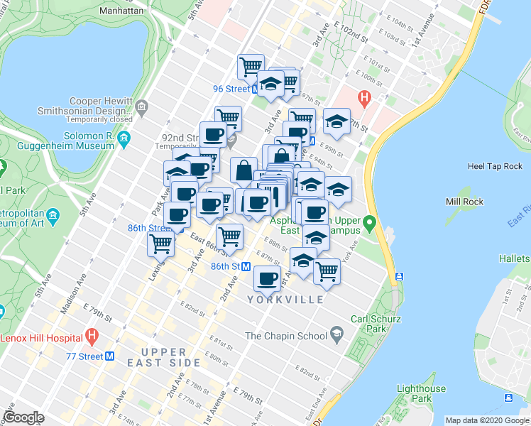 map of restaurants, bars, coffee shops, grocery stores, and more near 1718 2nd Avenue in New York
