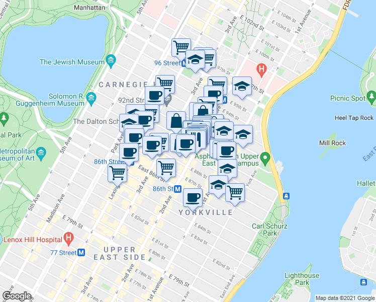 map of restaurants, bars, coffee shops, grocery stores, and more near 2nd Avenue in New York