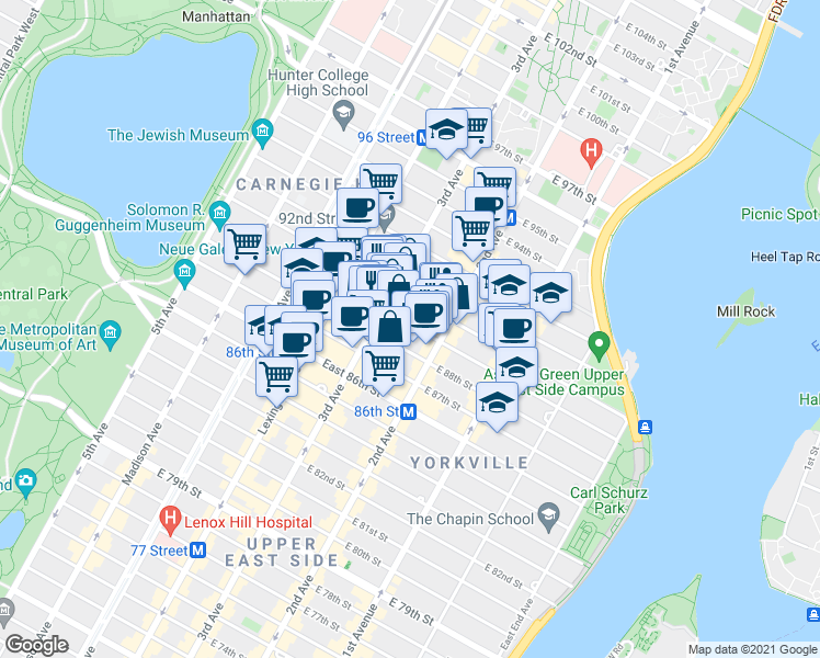 map of restaurants, bars, coffee shops, grocery stores, and more near 232 East 90th Street in New York