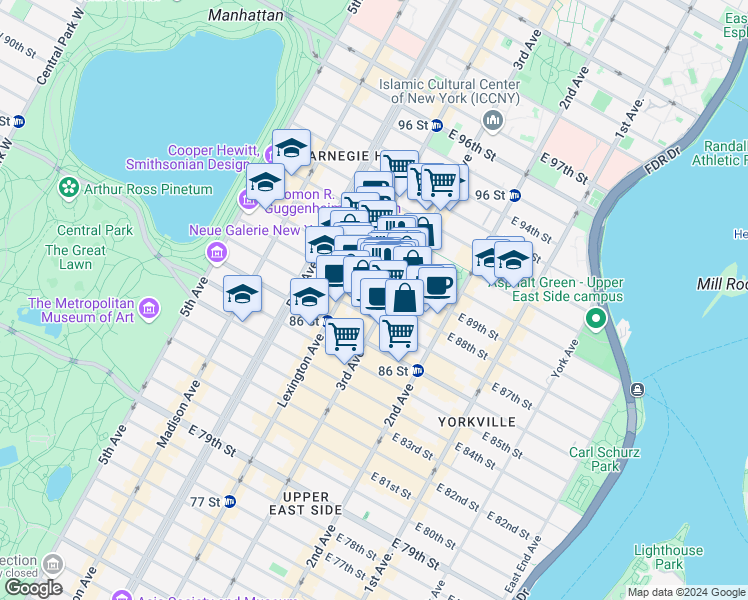 map of restaurants, bars, coffee shops, grocery stores, and more near 1574 3rd Avenue in New York