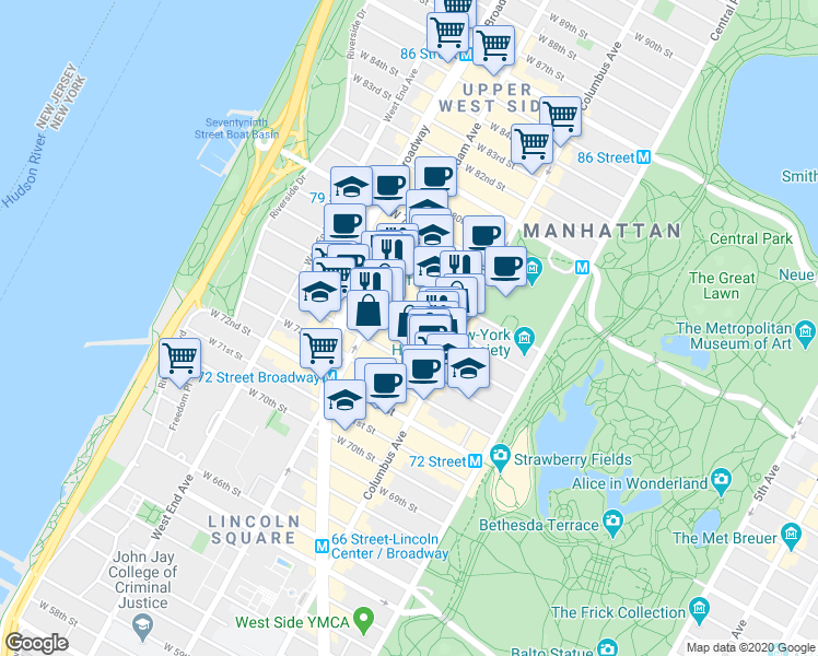 map of restaurants, bars, coffee shops, grocery stores, and more near 141 West 77th Street in New York