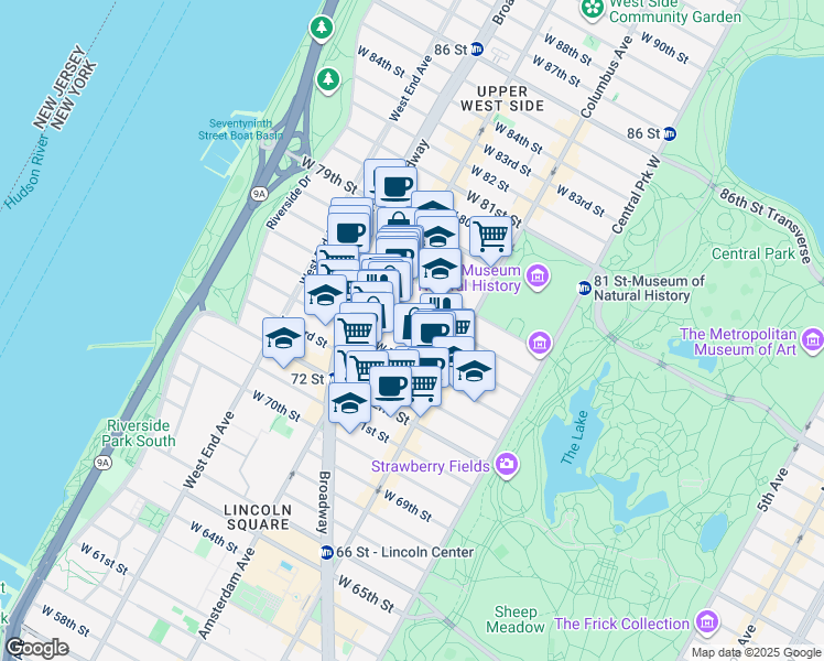 map of restaurants, bars, coffee shops, grocery stores, and more near 141 West 77th Street in New York