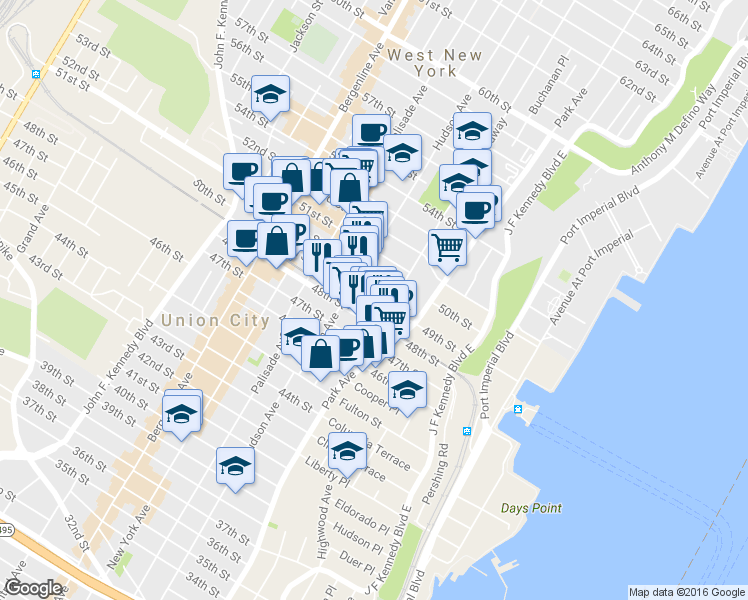 map of restaurants, bars, coffee shops, grocery stores, and more near 149-51 49th Street in Union City