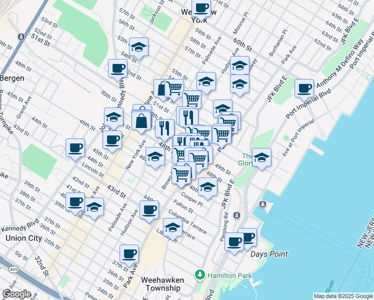 map of restaurants, bars, coffee shops, grocery stores, and more near 149-51 49th Street in Union City