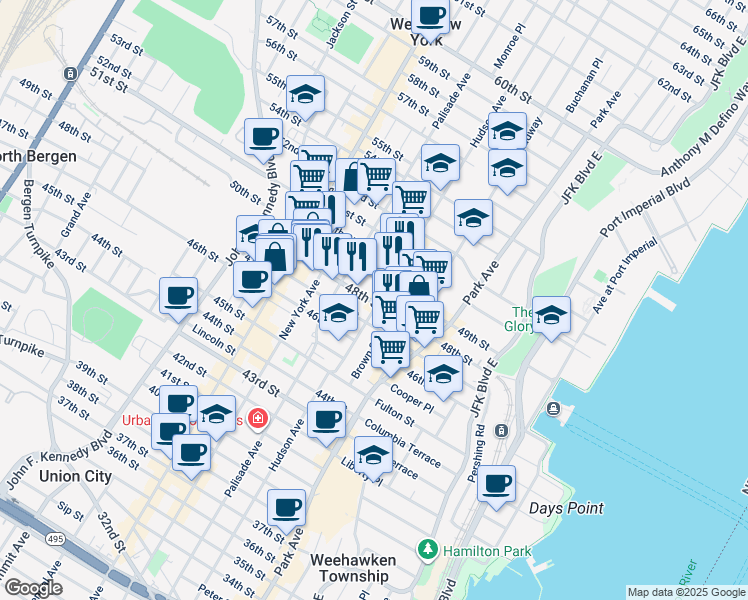 map of restaurants, bars, coffee shops, grocery stores, and more near 218 48th Street in Union City