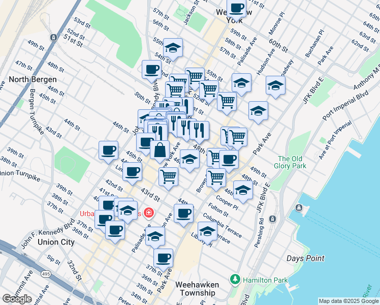 map of restaurants, bars, coffee shops, grocery stores, and more near 306 47th Street in Union City