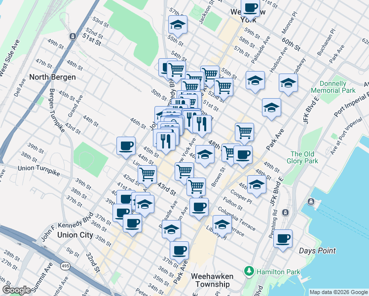 map of restaurants, bars, coffee shops, grocery stores, and more near 414 46th Street in Union City