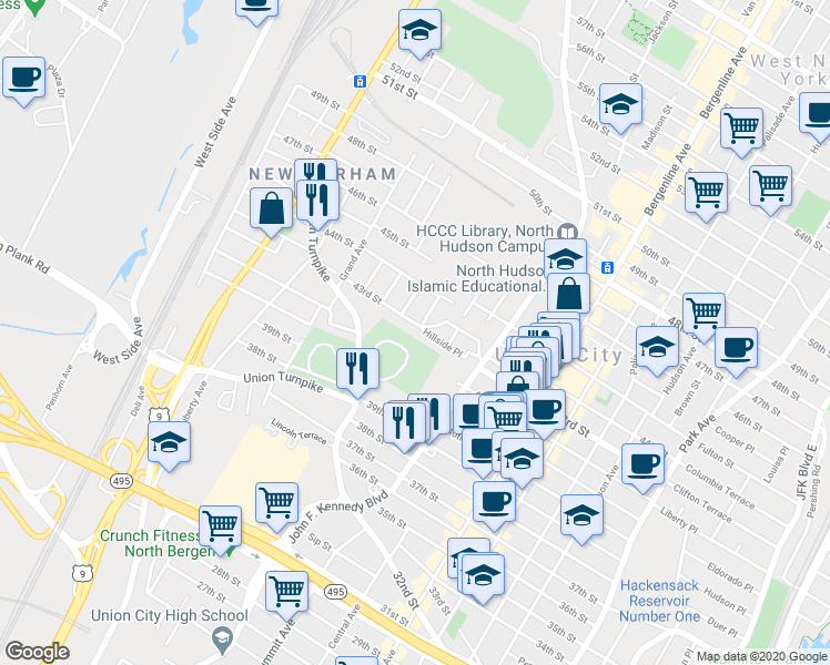 map of restaurants, bars, coffee shops, grocery stores, and more near 1311 43rd Street in North Bergen