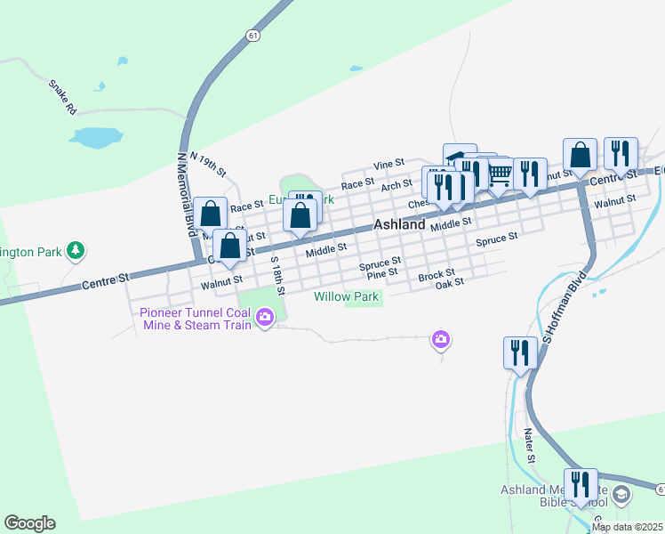 map of restaurants, bars, coffee shops, grocery stores, and more near 1434 Walnut Street in Ashland