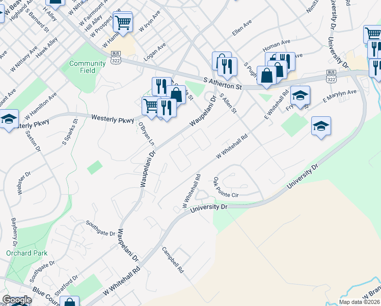 map of restaurants, bars, coffee shops, grocery stores, and more near 300 Waupelani Drive in State College
