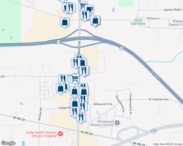 map of restaurants, bars, coffee shops, grocery stores, and more near 2074 Ferguson Road in Ontario