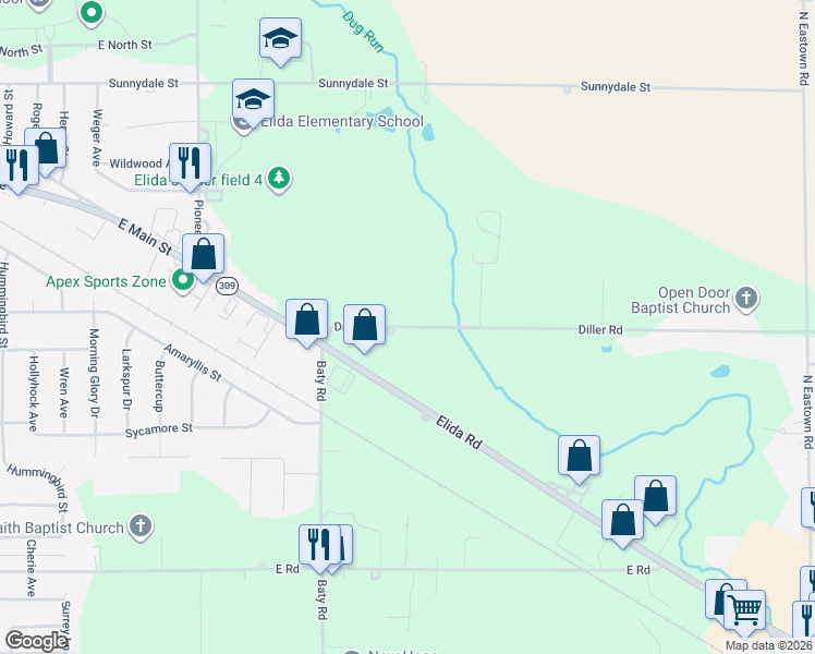 map of restaurants, bars, coffee shops, grocery stores, and more near 4150-4256 Diller Road in Lima