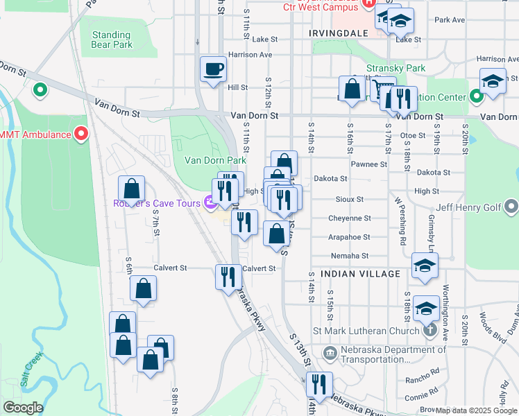 map of restaurants, bars, coffee shops, grocery stores, and more near 3221 South 12th Street in Lincoln