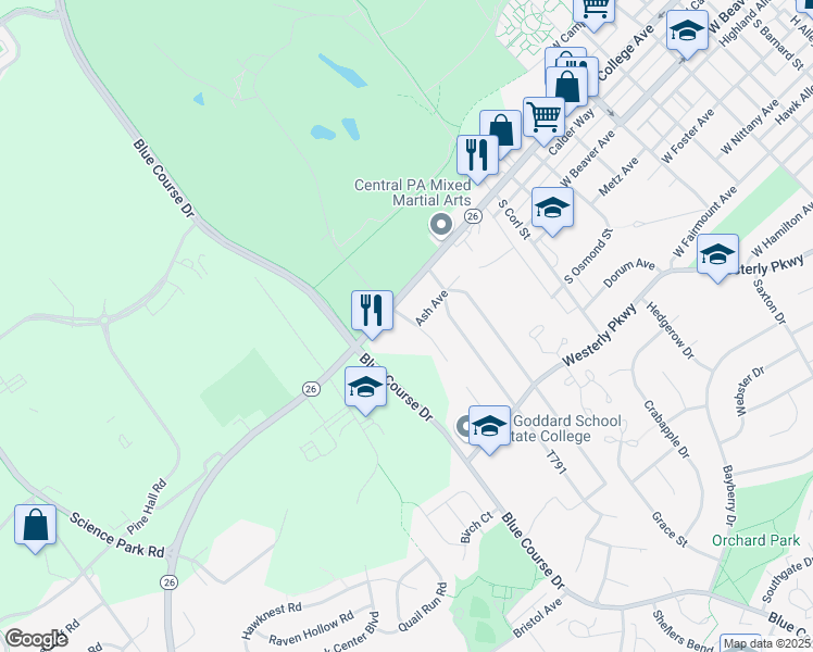 map of restaurants, bars, coffee shops, grocery stores, and more near 106 Owens Drive in State College