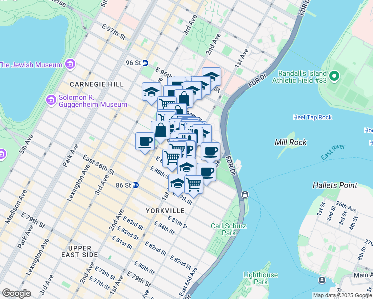 map of restaurants, bars, coffee shops, grocery stores, and more near 356 East 91st Street in New York