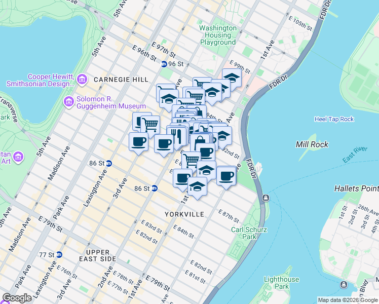 map of restaurants, bars, coffee shops, grocery stores, and more near 316 East 91st Street in New York