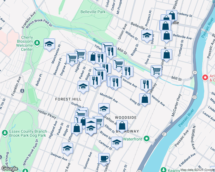 map of restaurants, bars, coffee shops, grocery stores, and more near 417 Woodside Avenue in Newark