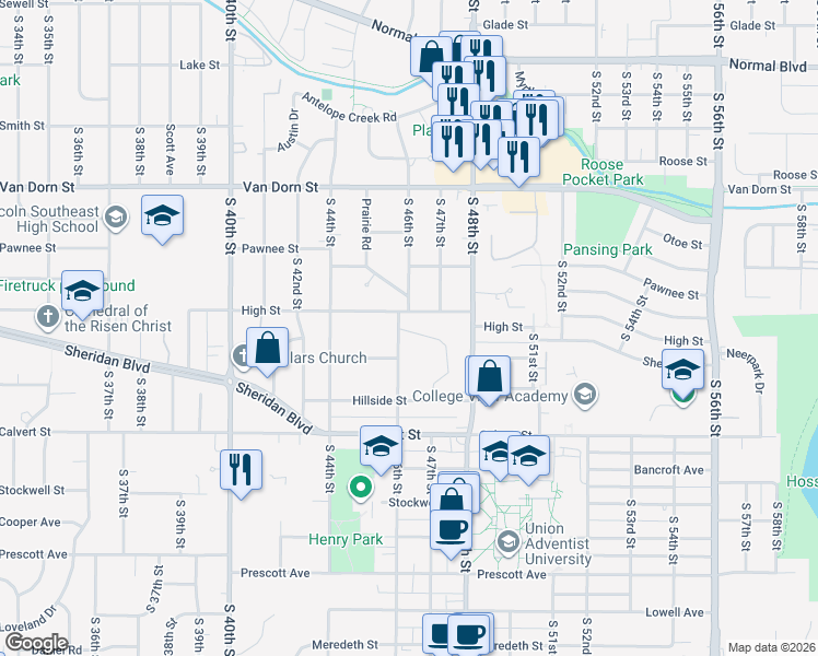 map of restaurants, bars, coffee shops, grocery stores, and more near 3201 South 46th Street in Lincoln