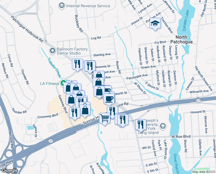 map of restaurants, bars, coffee shops, grocery stores, and more near 14 Dearborn Avenue in Patchogue
