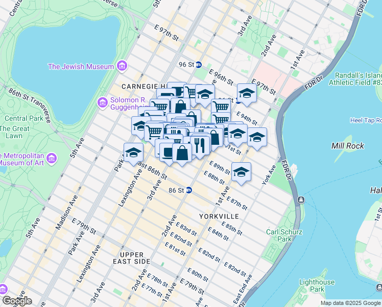 map of restaurants, bars, coffee shops, grocery stores, and more near 232 East 90th Street in New York