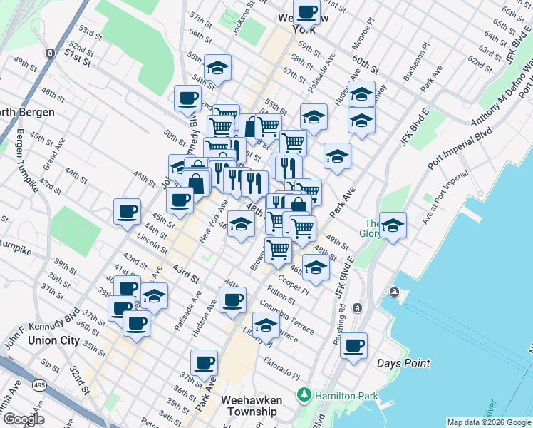 map of restaurants, bars, coffee shops, grocery stores, and more near 218 48th Street in Union City