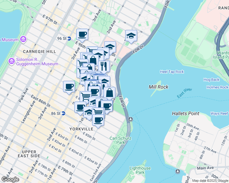 map of restaurants, bars, coffee shops, grocery stores, and more near 2010 York Avenue in New York