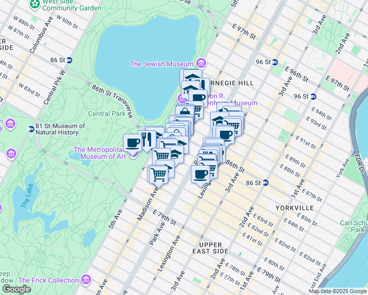 map of restaurants, bars, coffee shops, grocery stores, and more near 35 East 85th Street in New York